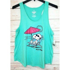 Family Fun 2XL Juniors Hello Sunshine Snoopy On The Beach Teal Tank Top